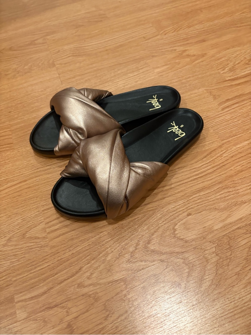 beek Metallic Bronze Twist Slide Sandals
